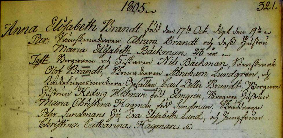 Udsnit af kirkebog, Daab af Anna Elisabeth Brandt